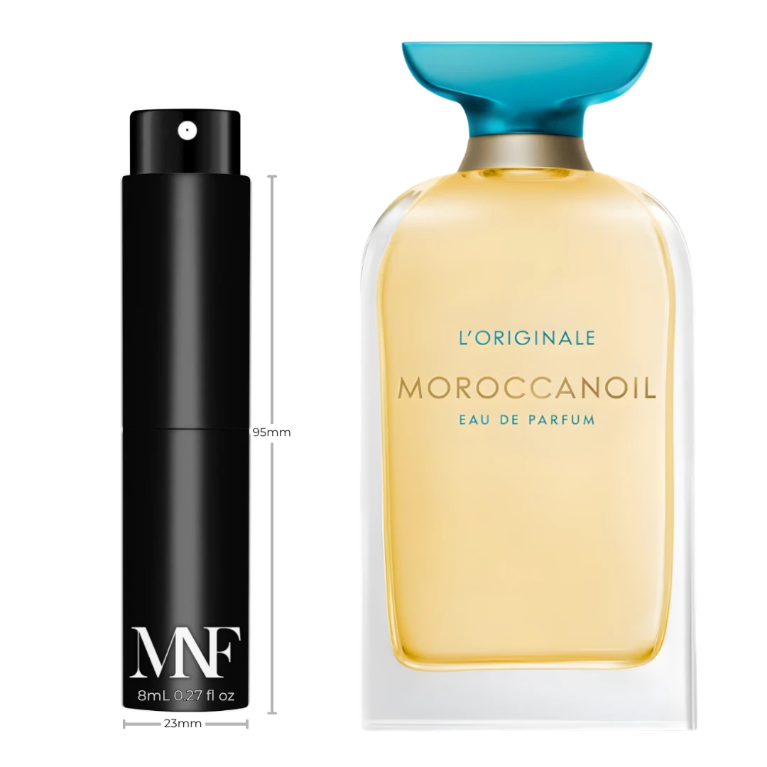 My Next Fragrance 8mL travel spray decant of Moroccanoil L'Originale Eau de Parfum with reference bottle