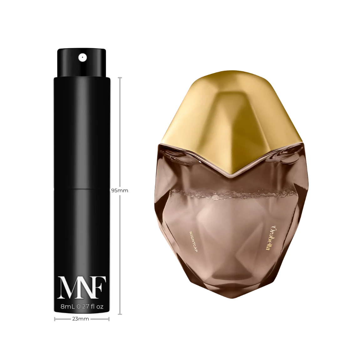 My Next Fragrance 8mL travel spray bottle next to an Ôrəbella Nightcap parfum bottle on a black background.