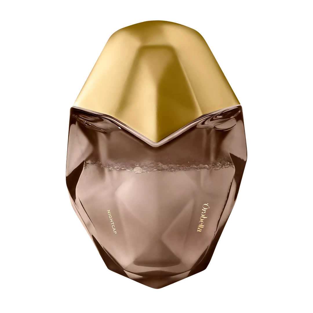 My Next Fragrance Ôrəbella Nightcap 8mL travel spray with a geometric glass bottle and gold cap on black background.