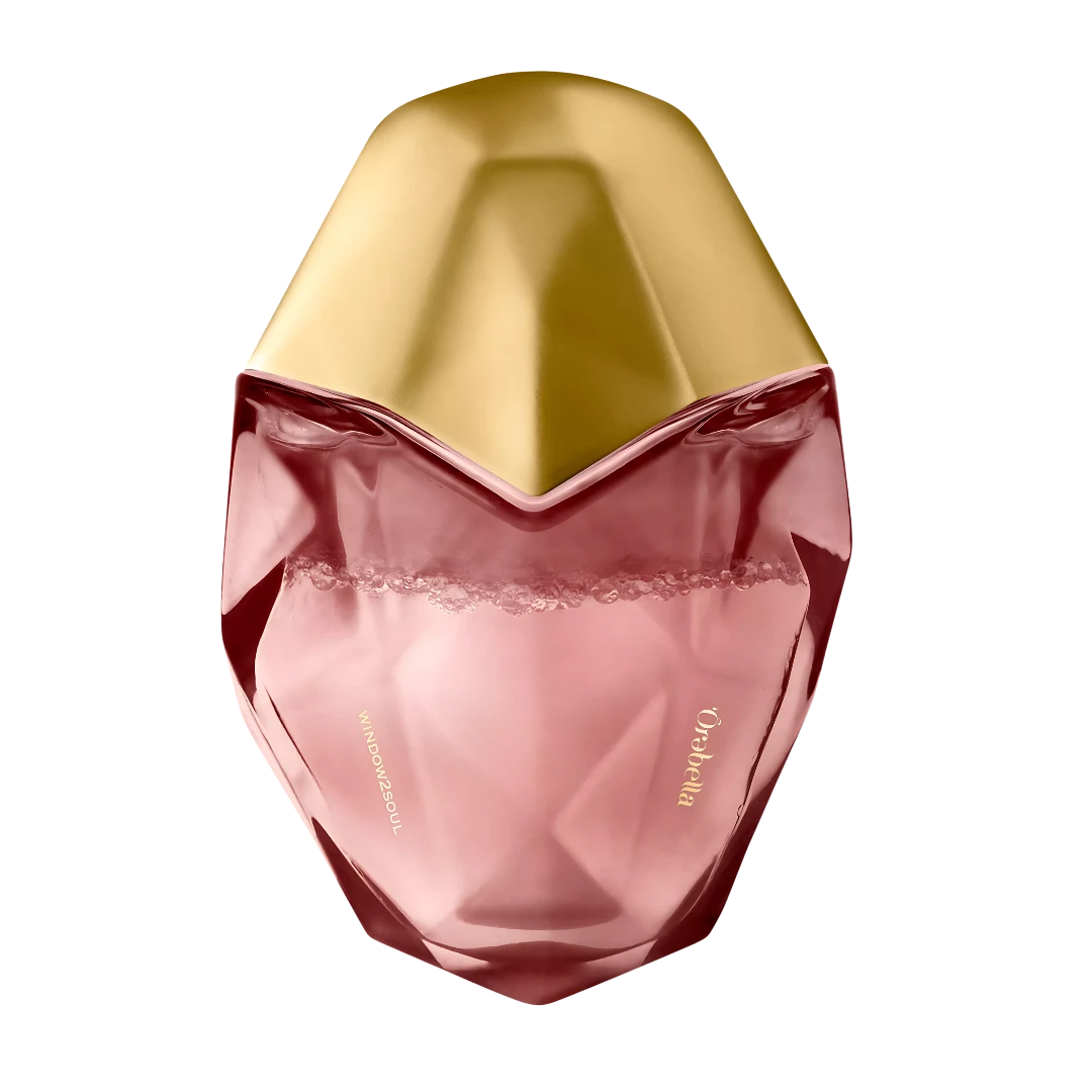 My Next Fragrance Ôrəbella WINDOW2SOUL floral parfum in a faceted pink glass bottle with a gold cap.