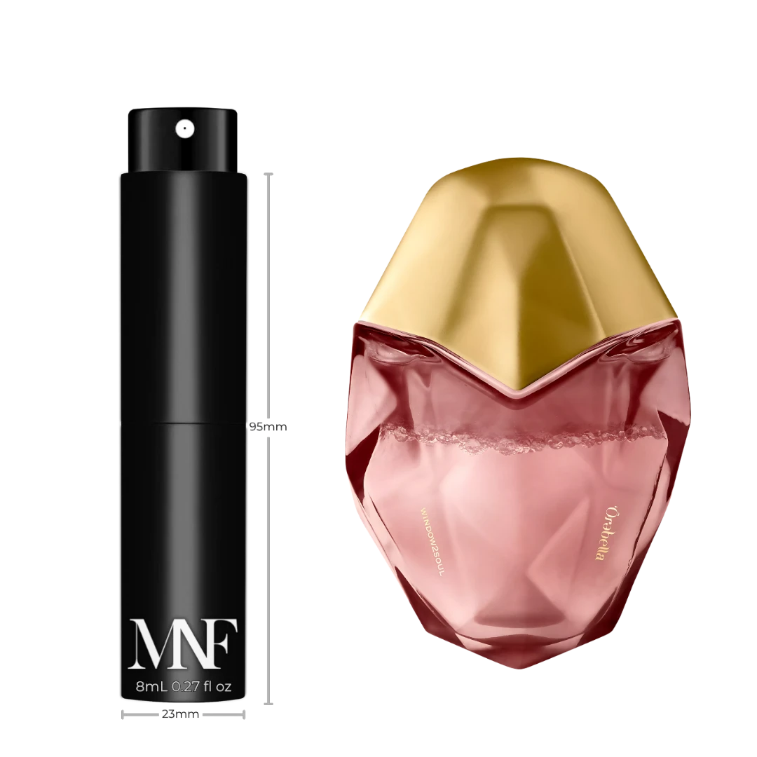 My Next Fragrance 8mL travel spray atomizer next to an Ôrəbella WINDOW2SOUL floral perfume bottle on black background.