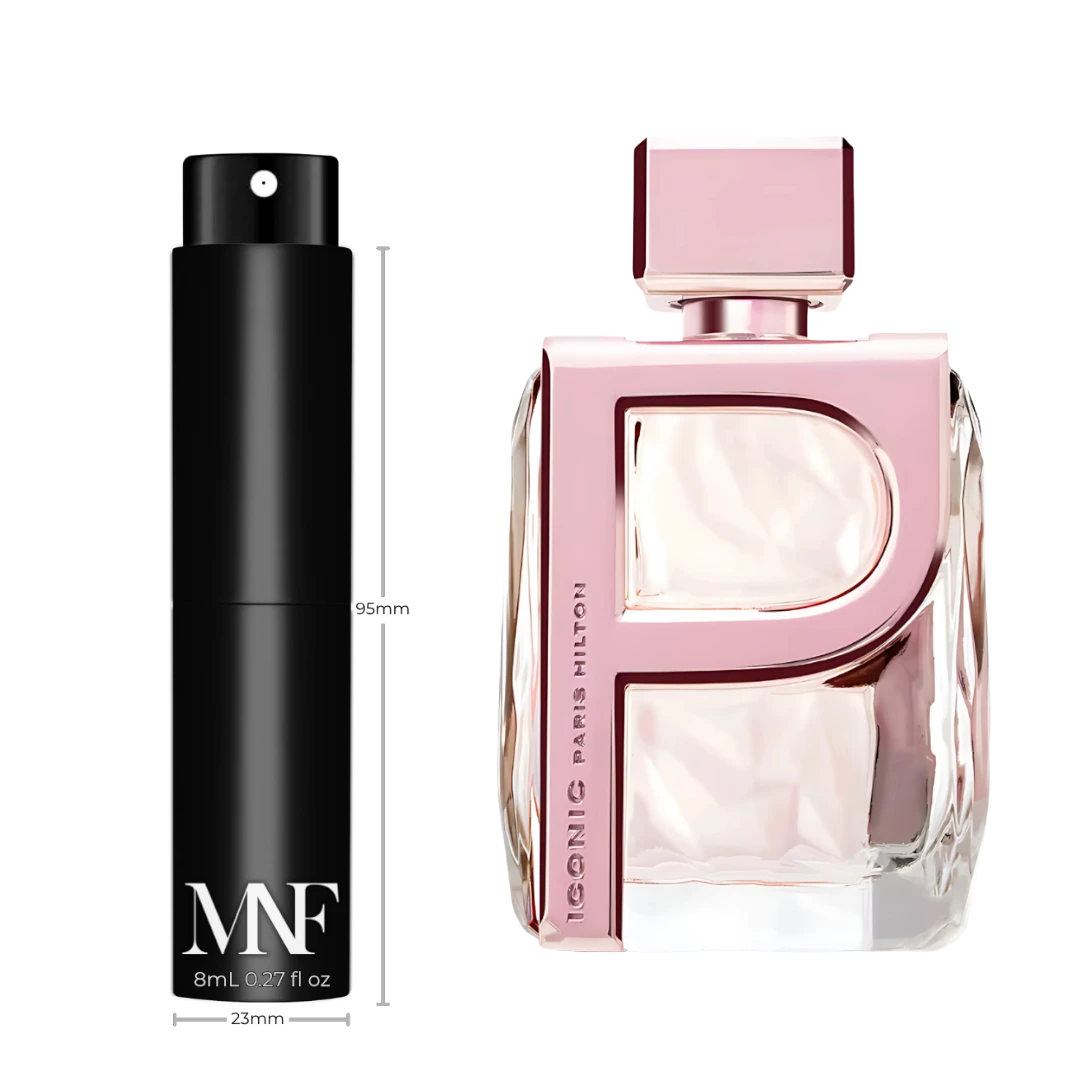 My Next Fragrance 8mL travel spray of Paris Hilton Iconic Eau de Parfum next to the full-size bottle