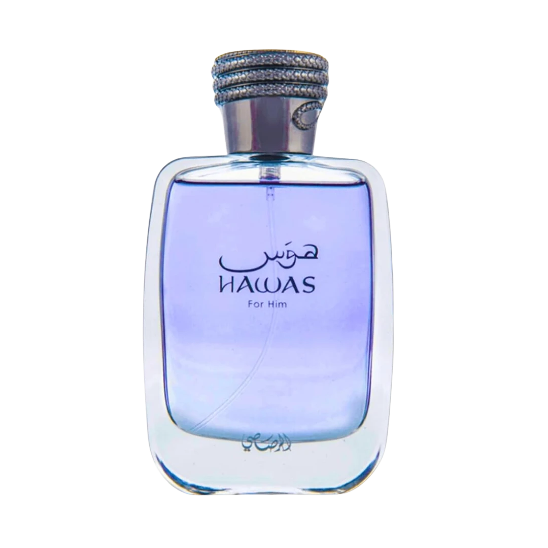My Next Fragrance Rasasi Hawas For Him Eau de Parfum 8mL travel spray bottle with light purple liquid