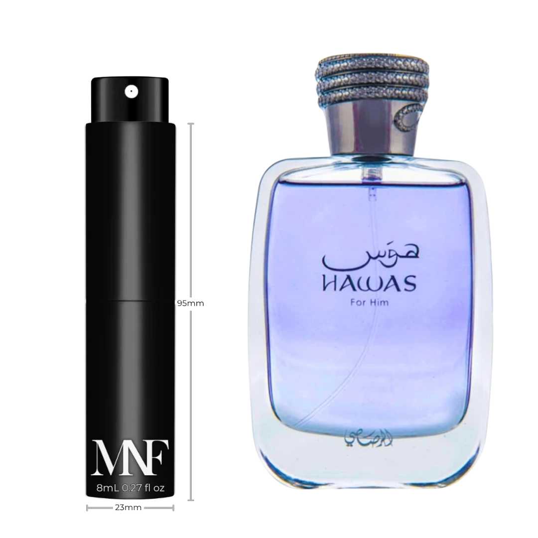 My Next Fragrance 8mL travel spray atomizer next to a full-size bottle of Rasasi Hawas For Him Eau de Parfum