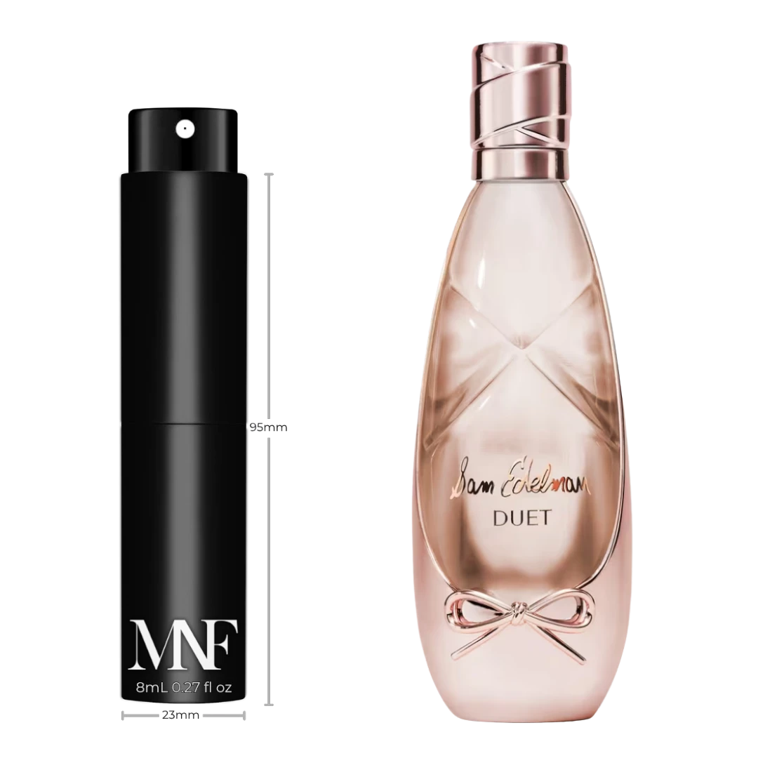 My Next Fragrance 8mL travel spray of Sam Elderman DUET Eau de Parfum next to the original full-size bottle.