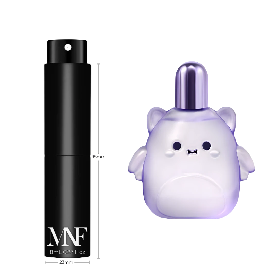My Next Fragrance Squishmallows Moonlit Mist 8mL travel spray atomizer next to a purple character-shaped perfume bottle