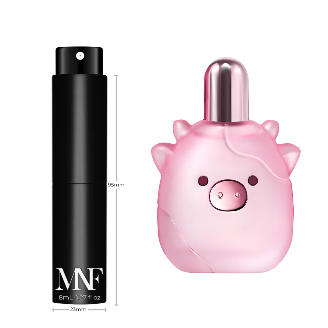 My Next Fragrance Squishmallows Pink Possibilities 8mL travel spray atomizer next to a pink cow-shaped perfume bottle.