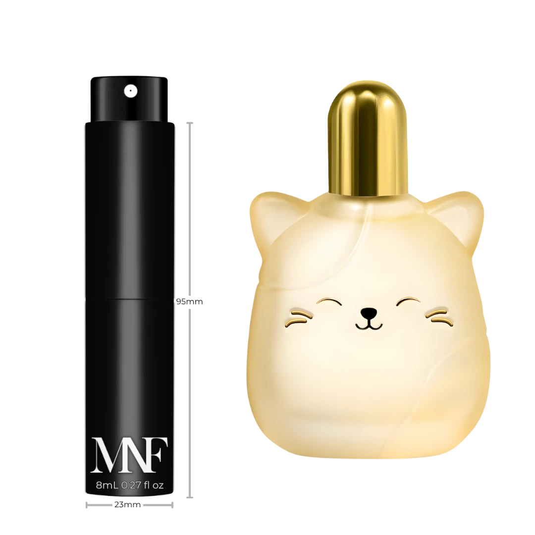 My Next Fragrance Squishmallows Whisked Away 8mL travel spray atomizer next to a cat-shaped perfume bottle.