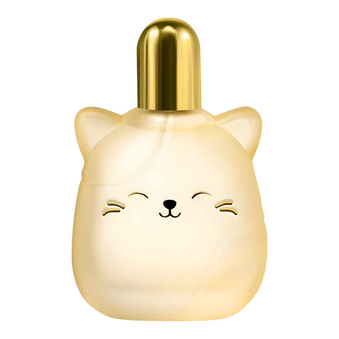 My Next Fragrance Squishmallows Whisked Away 8mL travel spray in a cute cat-shaped bottle with a gold cap.