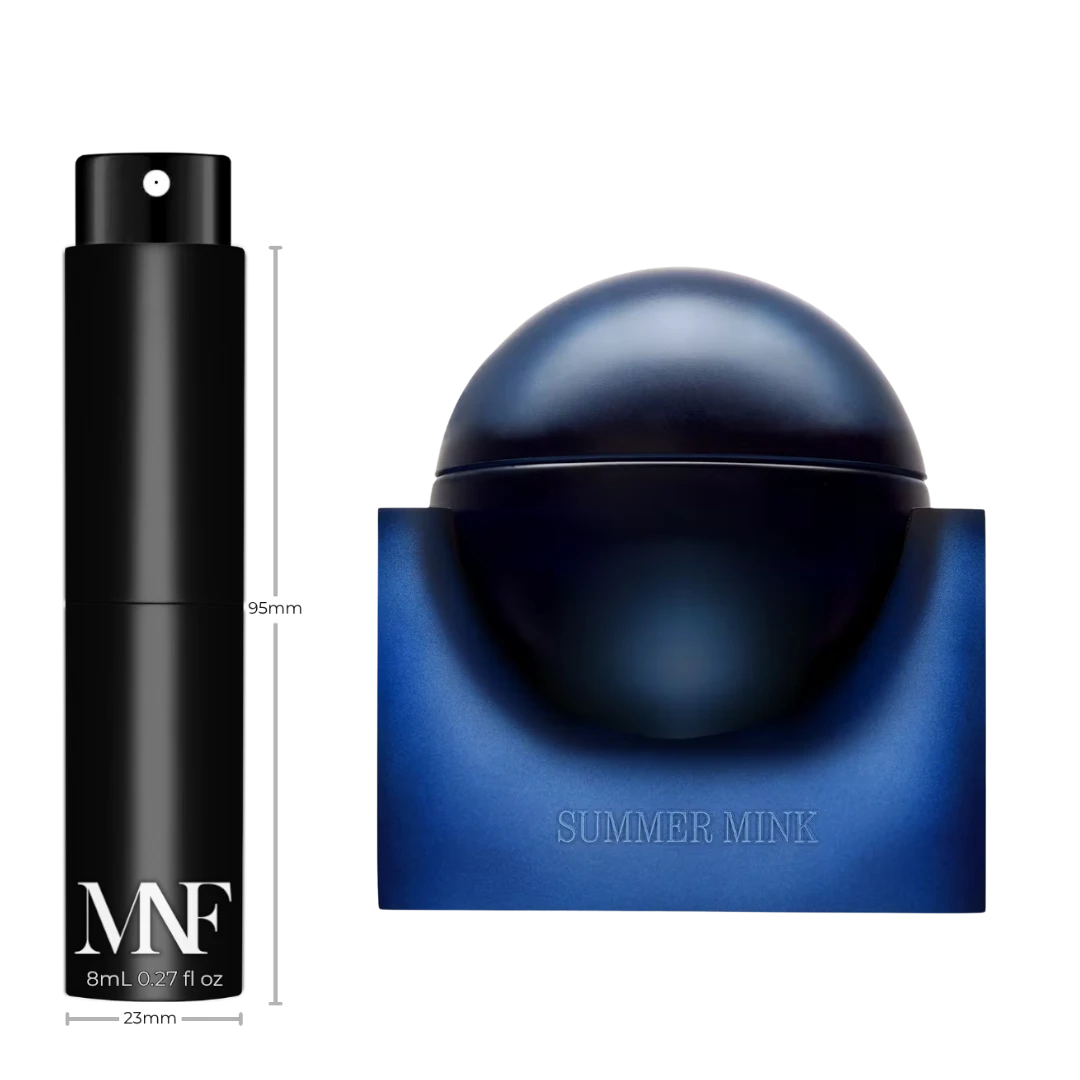 My Next Fragrance 8mL Summer Mink travel spray next to the Better World Fragrance House perfume bottle