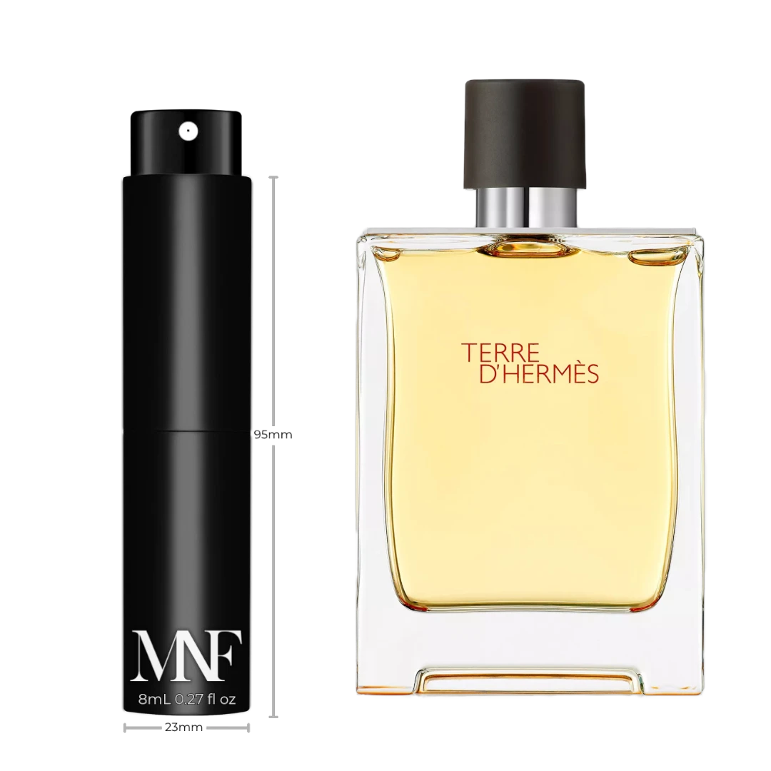 My Next Fragrance 8mL travel spray atomizer next to a full-size bottle of Terre d'Hermès Parfum for men.