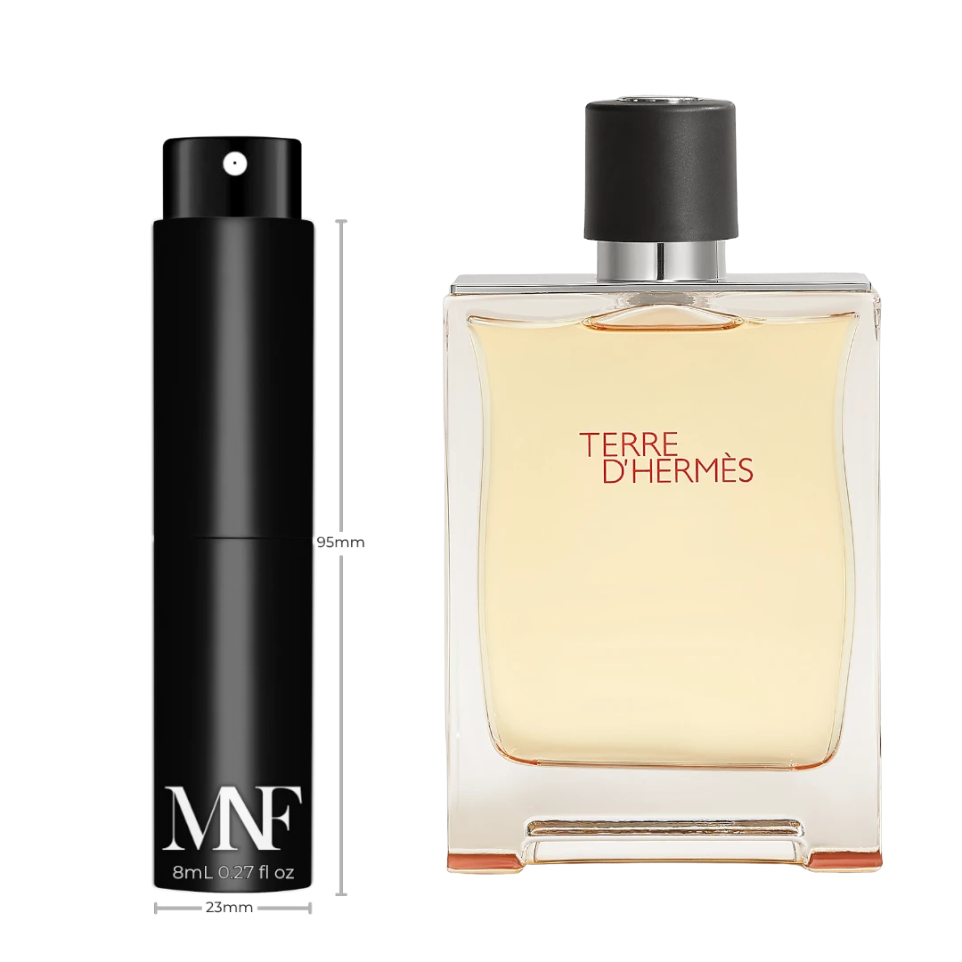 My Next Fragrance 8mL travel spray atomizer next to a full-size Terre d'Hermès Eau de Toilette bottle