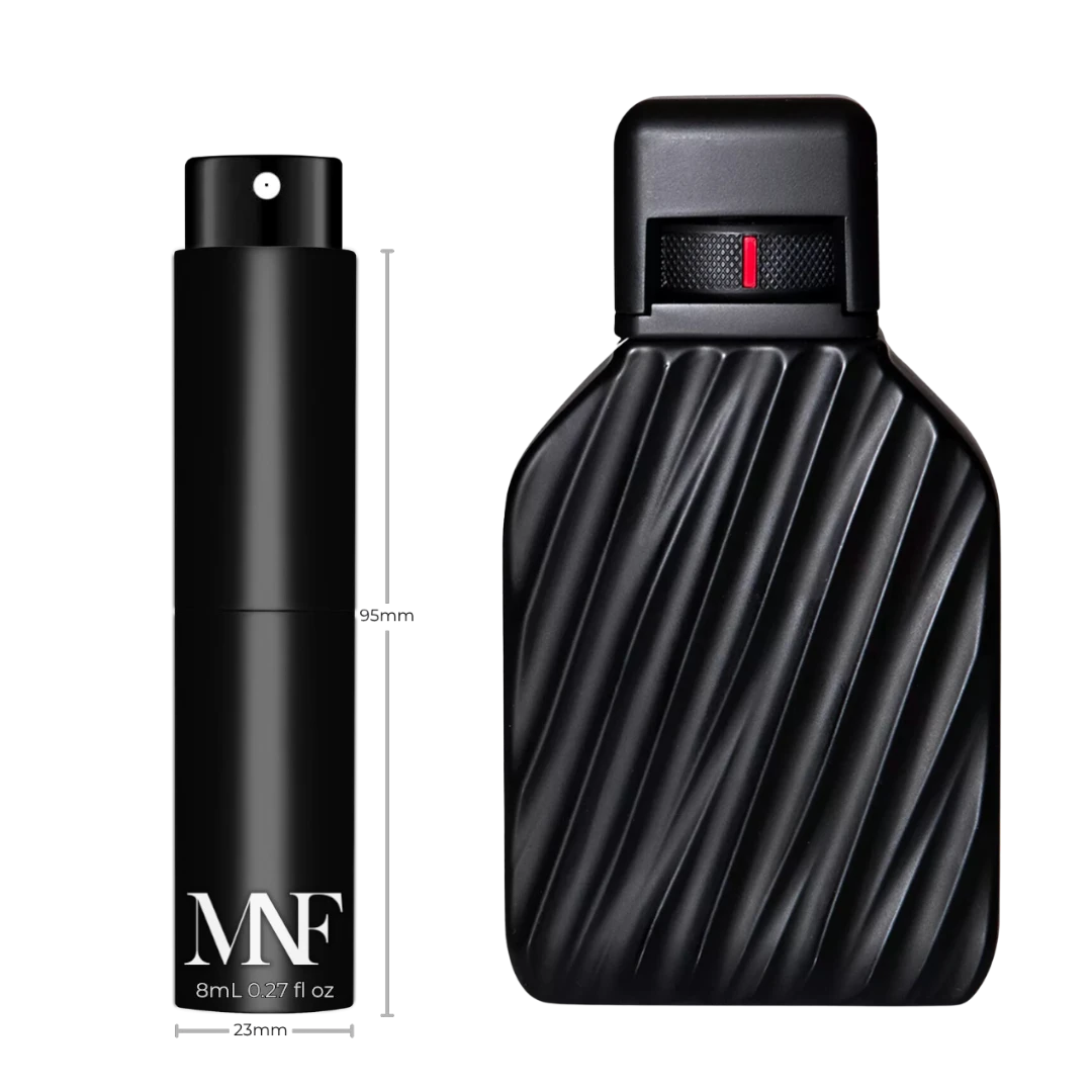 My Next Fragrance 8mL travel spray of TUMI 19 Degree Extrait de Parfum next to the original full-size bottle.