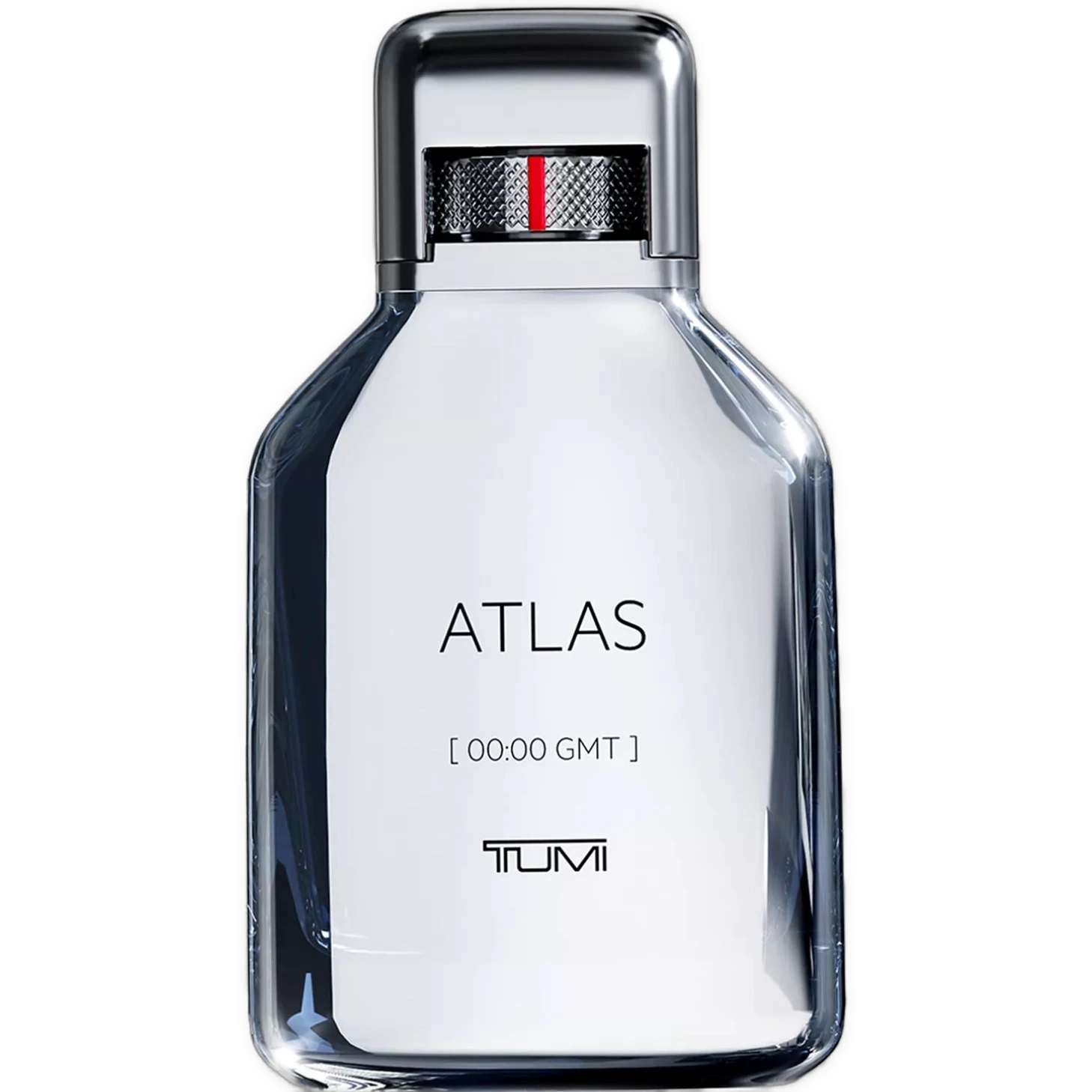 My Next Fragrance Tumi Atlas Eau de Parfum travel spray bottle featuring a sleek glass design with silver accents.
