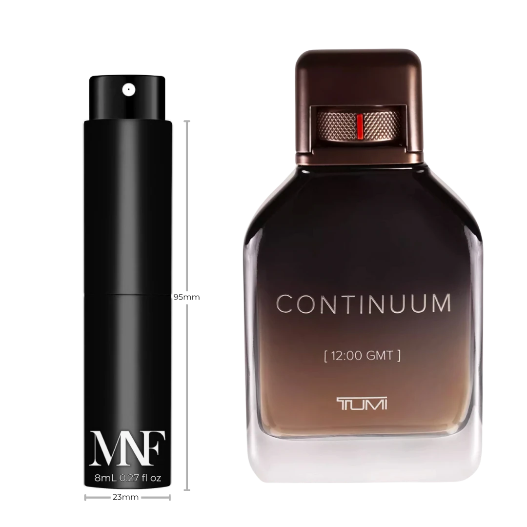My Next Fragrance 8mL travel spray atomizer next to a TUMI Continuum Eau de Parfum bottle on a black background