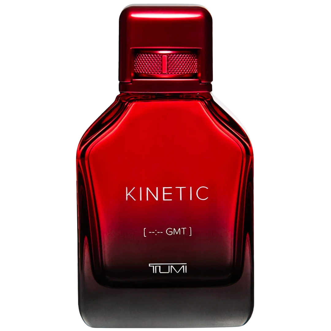 My Next Fragrance TUMI Kinetic Eau de Parfum 8mL travel spray bottle in a vibrant red glass design.