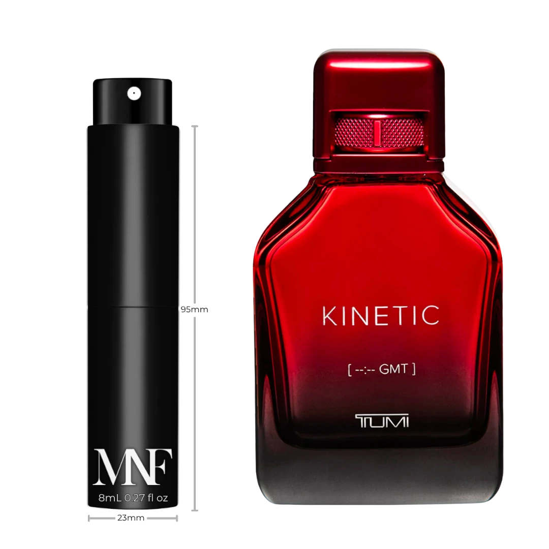 My Next Fragrance 8mL travel spray next to a TUMI Kinetic Eau de Parfum bottle on a black background.