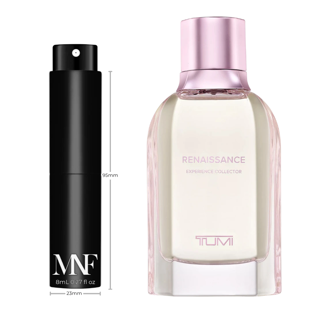 My Next Fragrance 8mL travel spray decant next to a full-size TUMI Renaissance extrait de parfum bottle