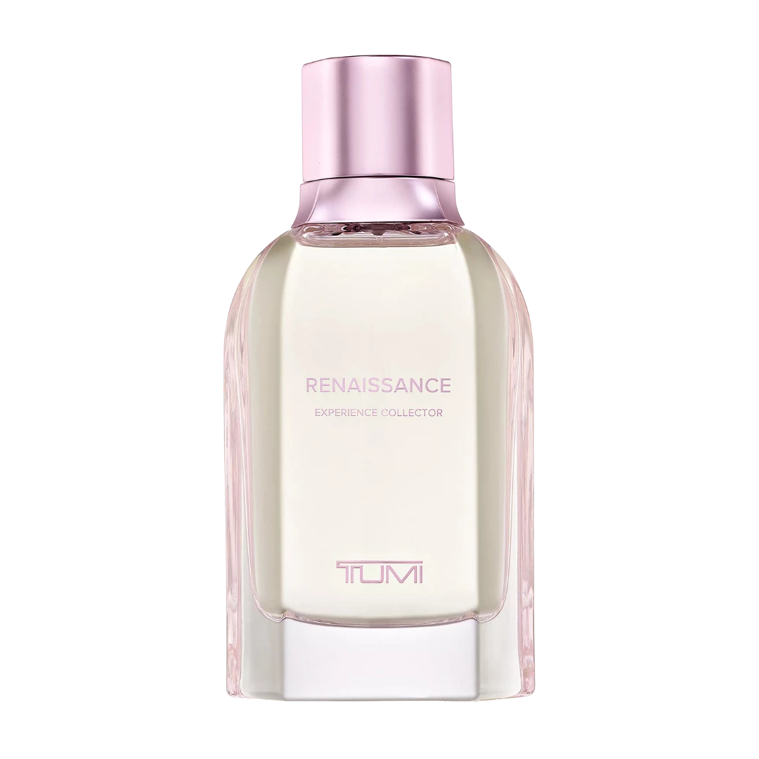My Next Fragrance TUMI Renaissance extrait de parfum travel spray bottle with light pink cap and glass body