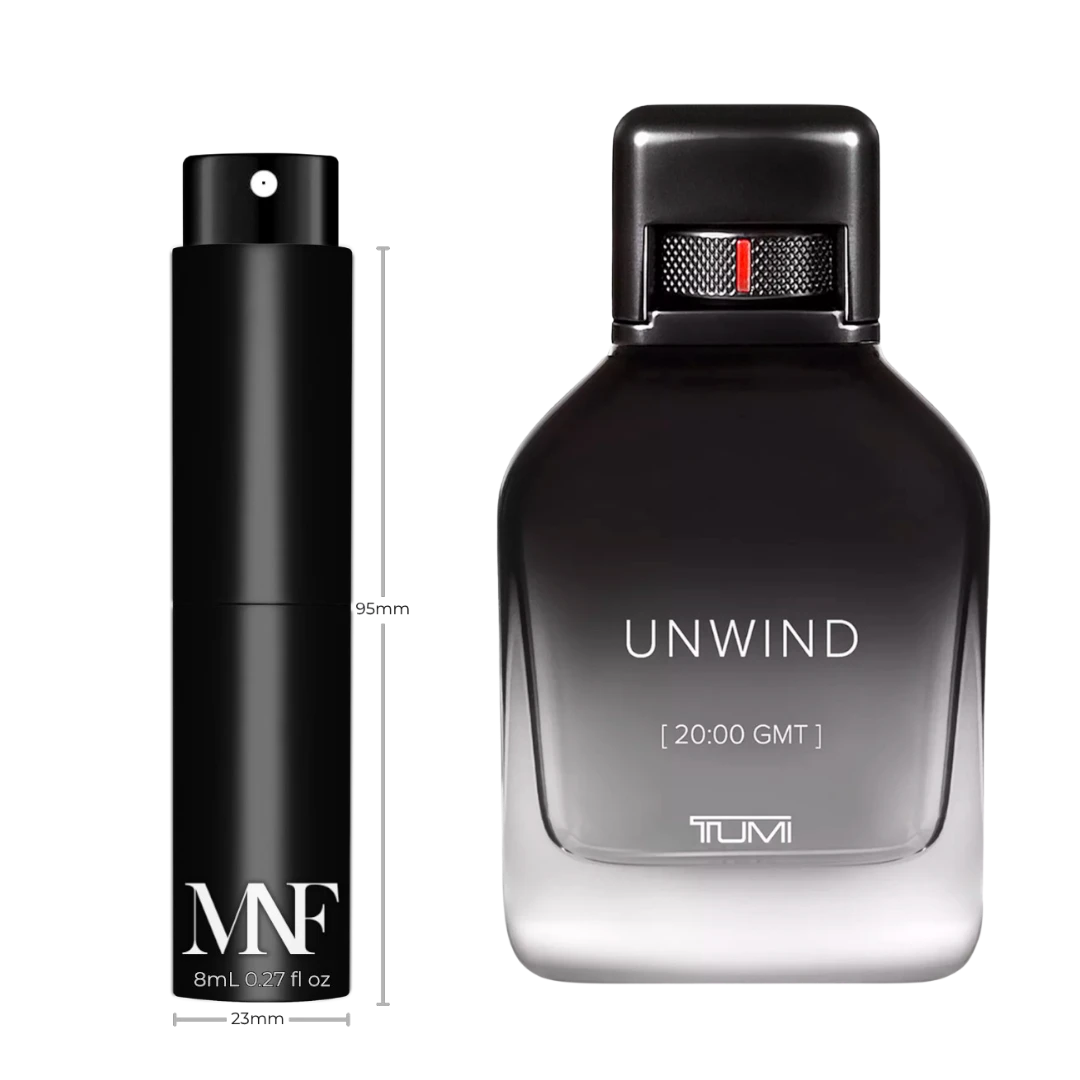 My Next Fragrance 8mL travel spray of TUMI Unwind Eau de Parfum next to the original full-size fragrance bottle.