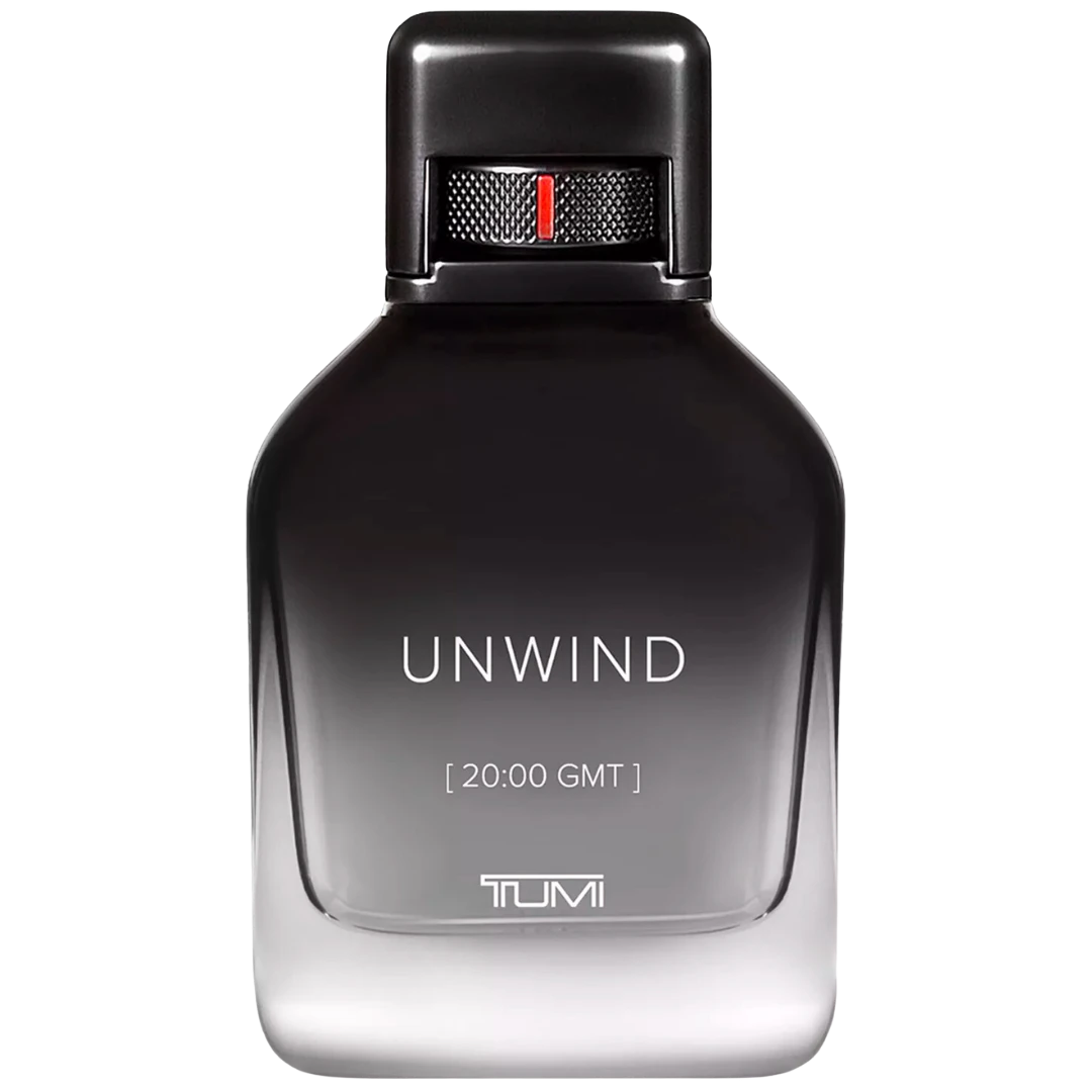 My Next Fragrance TUMI Unwind Eau de Parfum travel spray bottle featuring a sleek black and clear glass design.