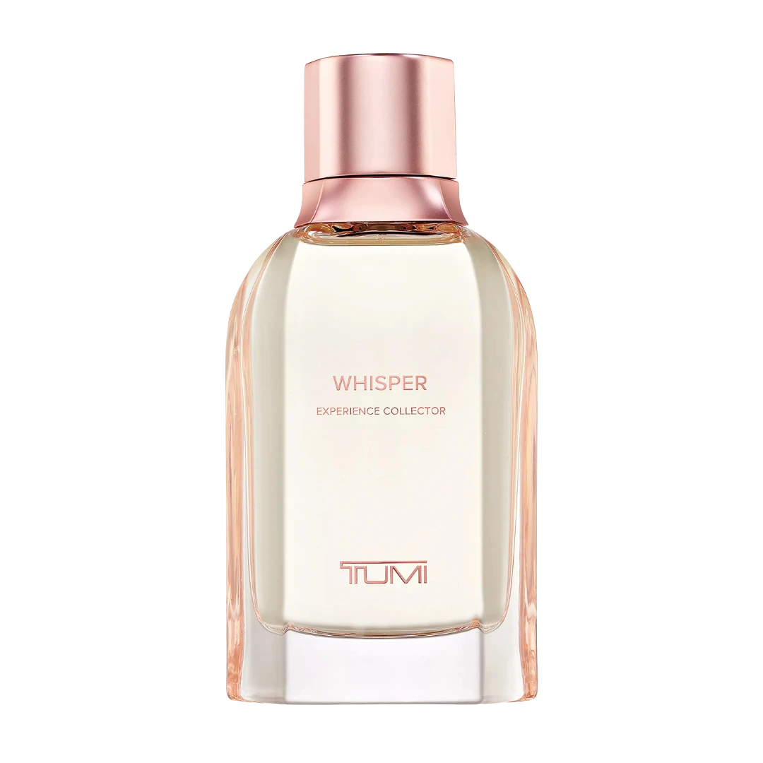 My Next Fragrance TUMI Whisper Extrait de Parfum travel spray bottle with a metallic rose gold cap and clear glass.