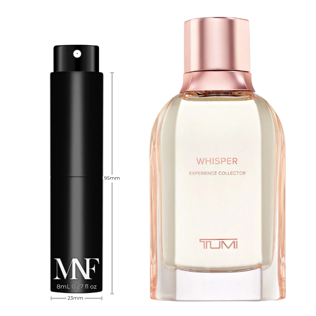 My Next Fragrance TUMI Whisper Extrait de Parfum 8mL travel spray atomizer next to the original full-size bottle.