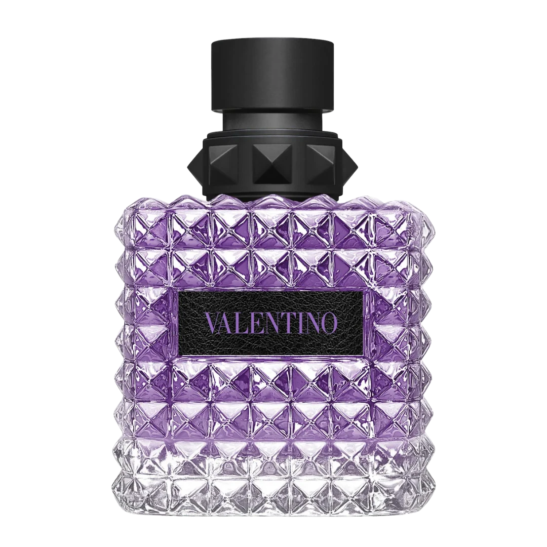 My Next Fragrance Valentino Donna Born in Roma Purple Melancholia perfume bottle with iconic purple studded glass.