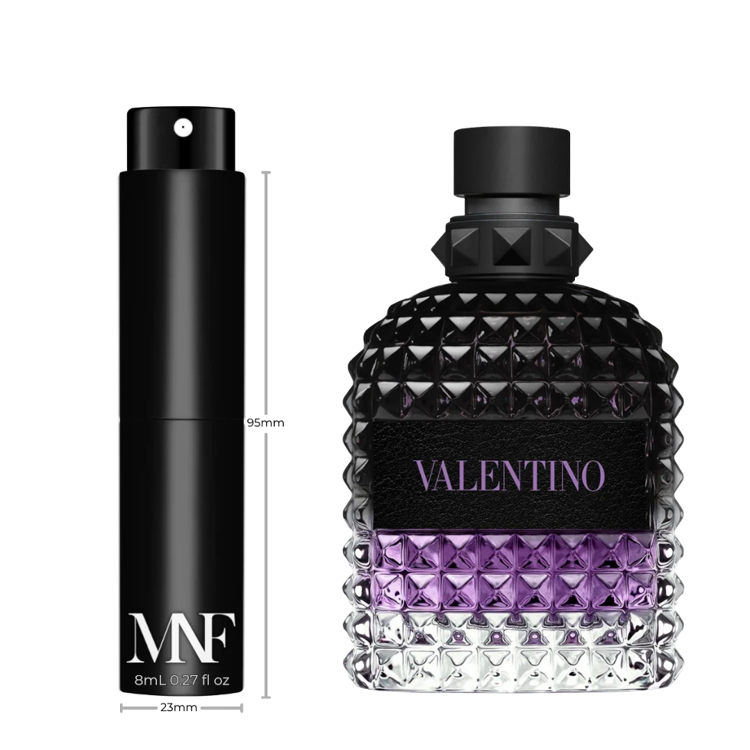 My Next Fragrance 8mL travel spray of Valentino Uomo Born in Roma Purple Melancholia eau de toilette for men.