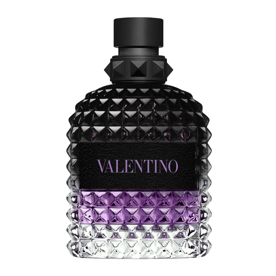 My Next Fragrance 8mL travel spray of Valentino Uomo Born in Roma Purple Melancholia with iconic studded bottle design