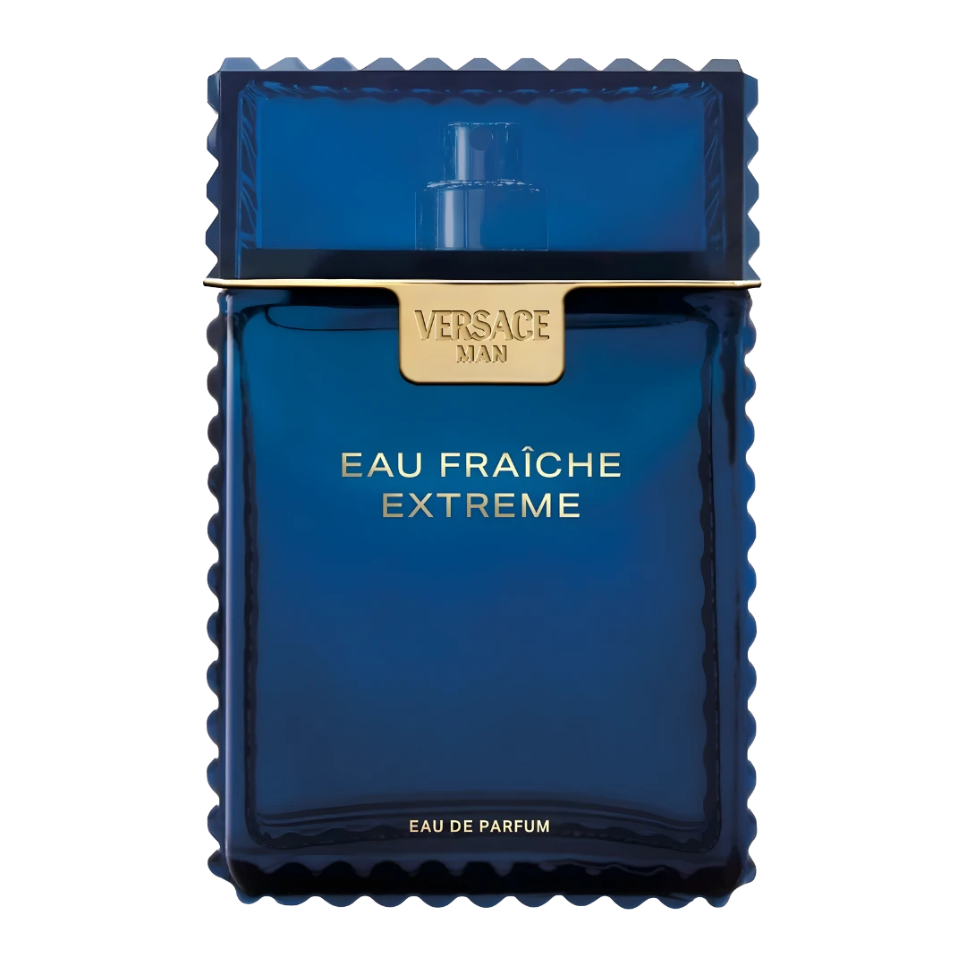 My Next Fragrance Versace Man Eau Fraîche Extrême 8mL travel spray bottle in deep blue glass with gold lettering.