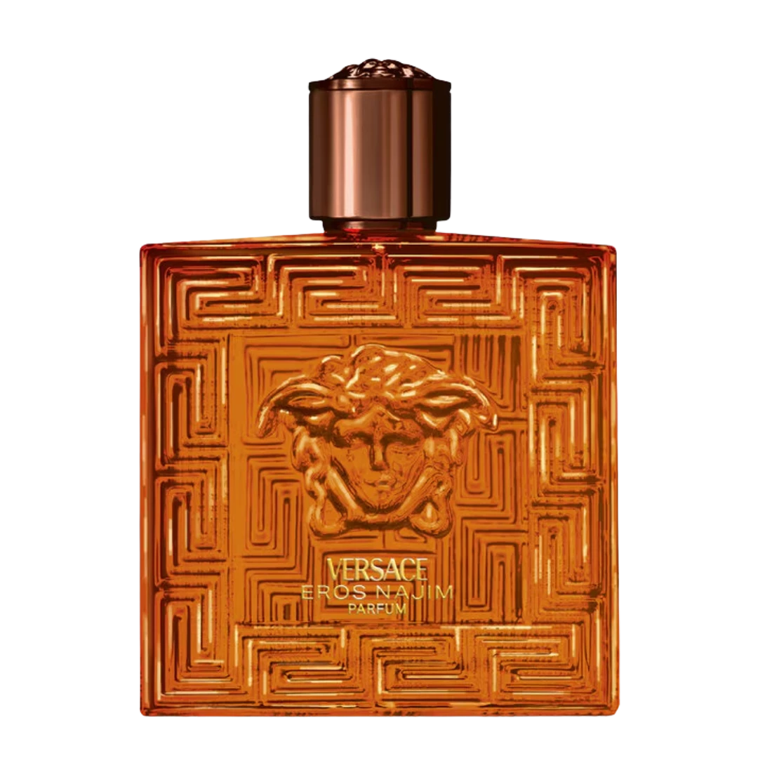 My Next Fragrance Versace Eros Najim Parfum 8mL travel spray bottle with amber glass and iconic Medusa head emblem.