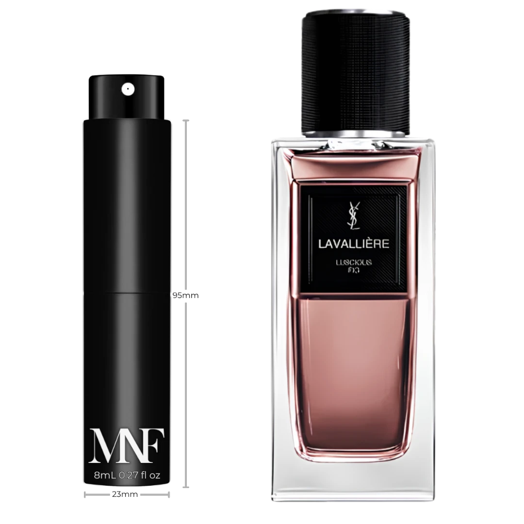 My Next Fragrance 8mL travel spray of Yves Saint Laurent Lavallière Eau de Parfum with a rose-tinted glass bottle.