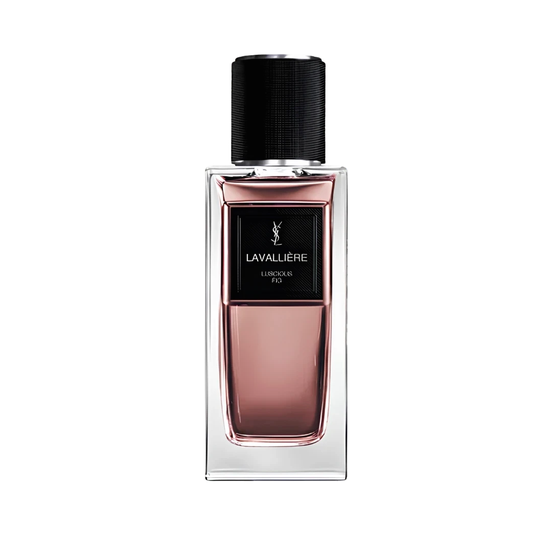 My Next Fragrance Yves Saint Laurent Lavallière eau de parfum travel spray with a rose-tinted glass bottle.