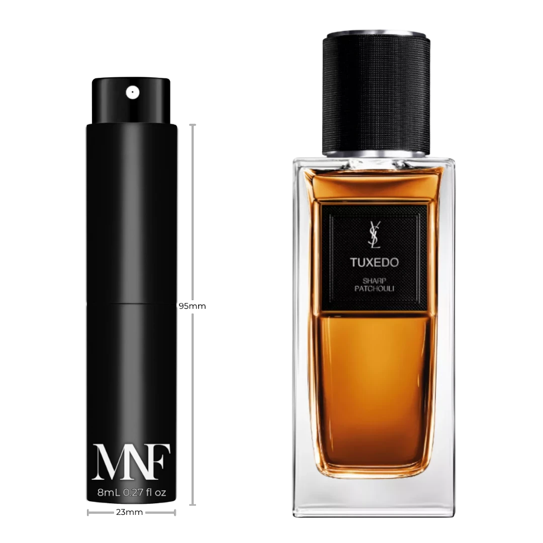 My Next Fragrance 8mL travel spray of Yves Saint Laurent Tuxedo Eau de Parfum next to the original full-size bottle.