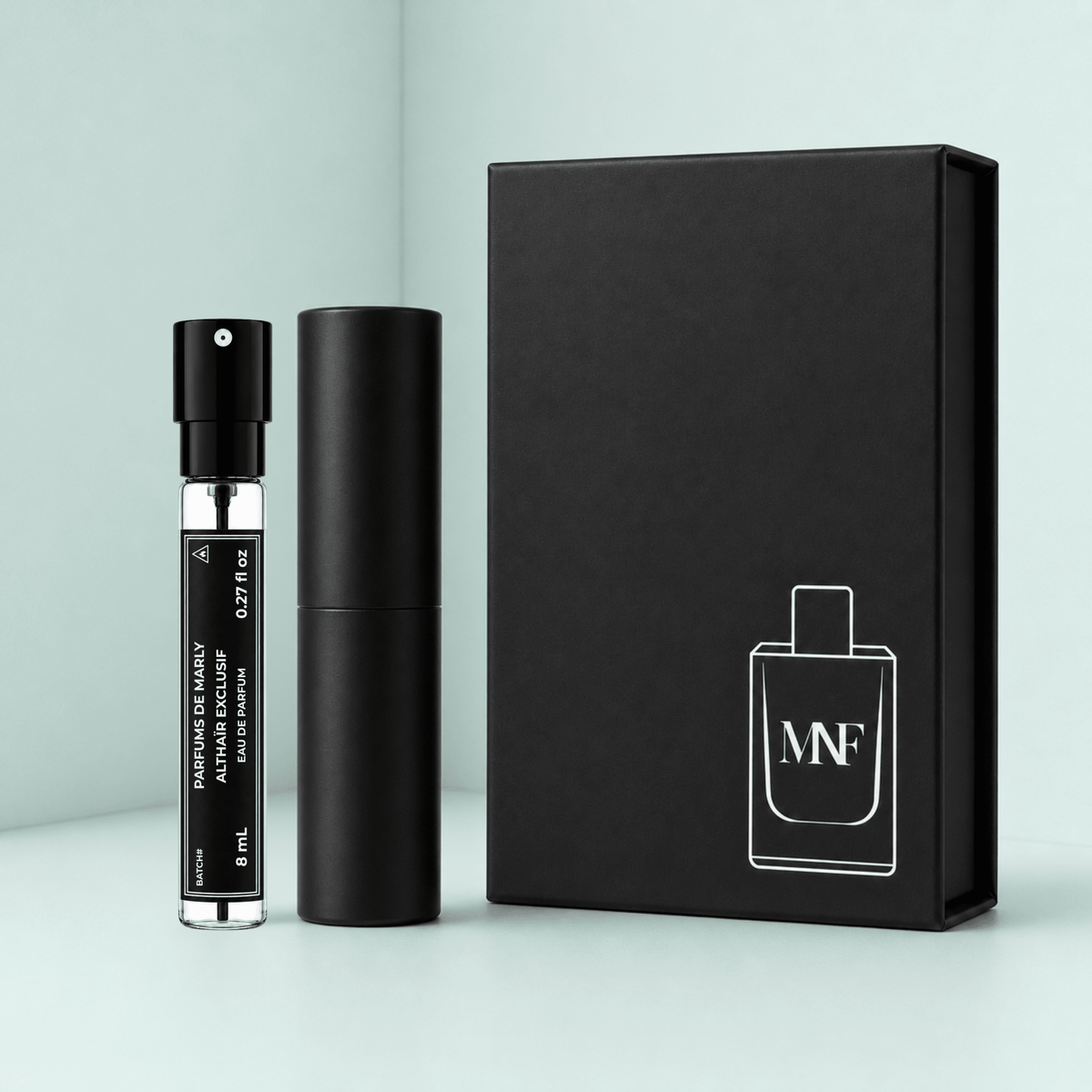 MNF 8mL travel spray, black travel case, and gift box shown for Parfums de Marly ALTHAÏR EXCLUSIF Eau de Parfum.
