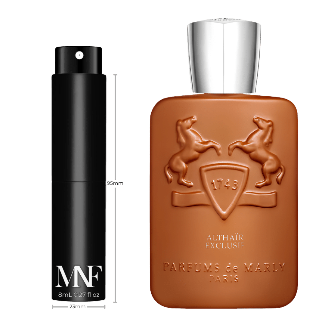 Parfums de Marly ALTHAÏR EXCLUSIF Eau de Parfum full-size reference bottle beside the MNF 8mL travel spray and black travel case.