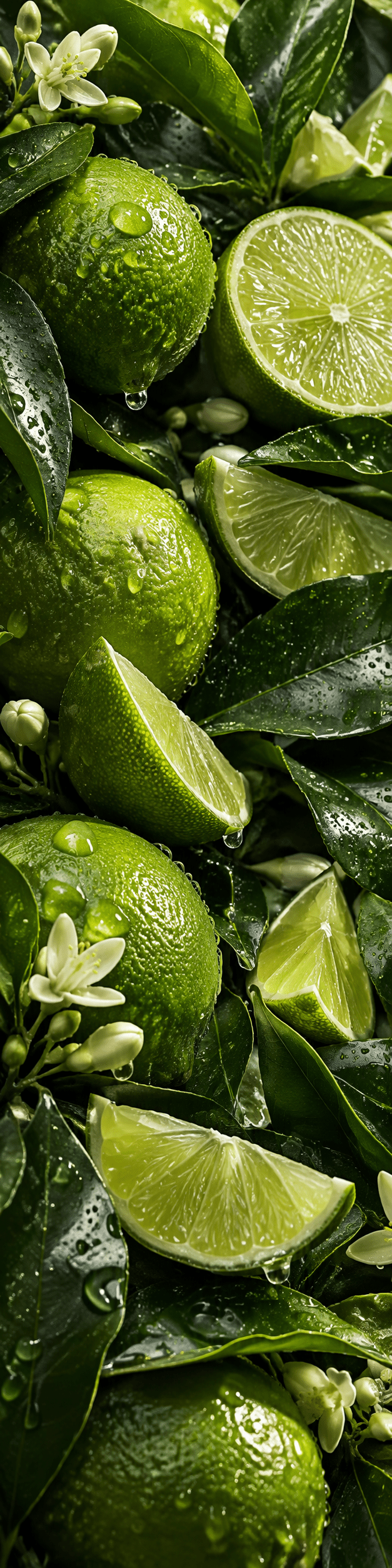 Fresh limes, citrus leaves and blossoms